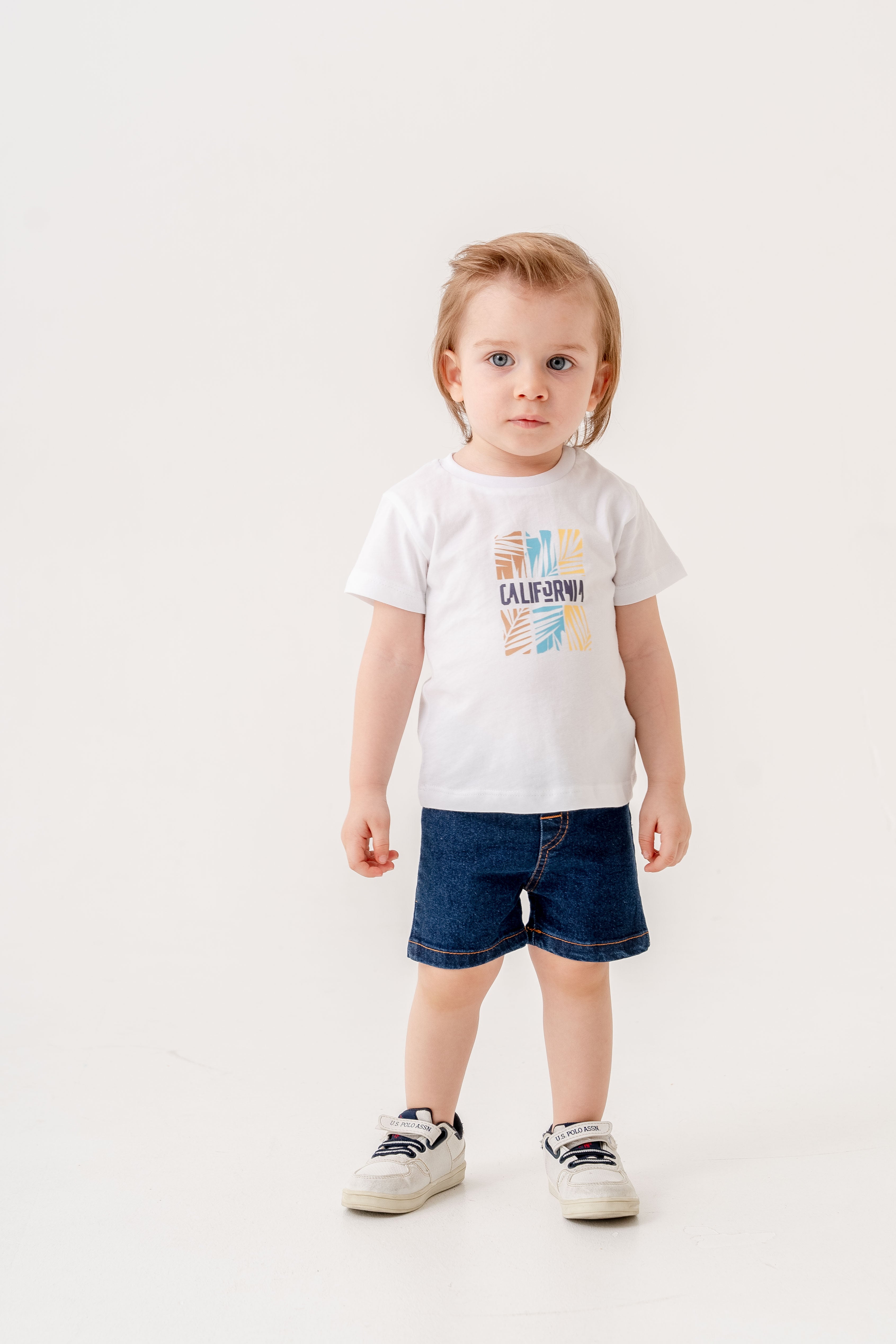 Erkek Bebek Kareli Gömlekli Denim Şortlu 3 Parça Yazlık Takım 9-24 Ay